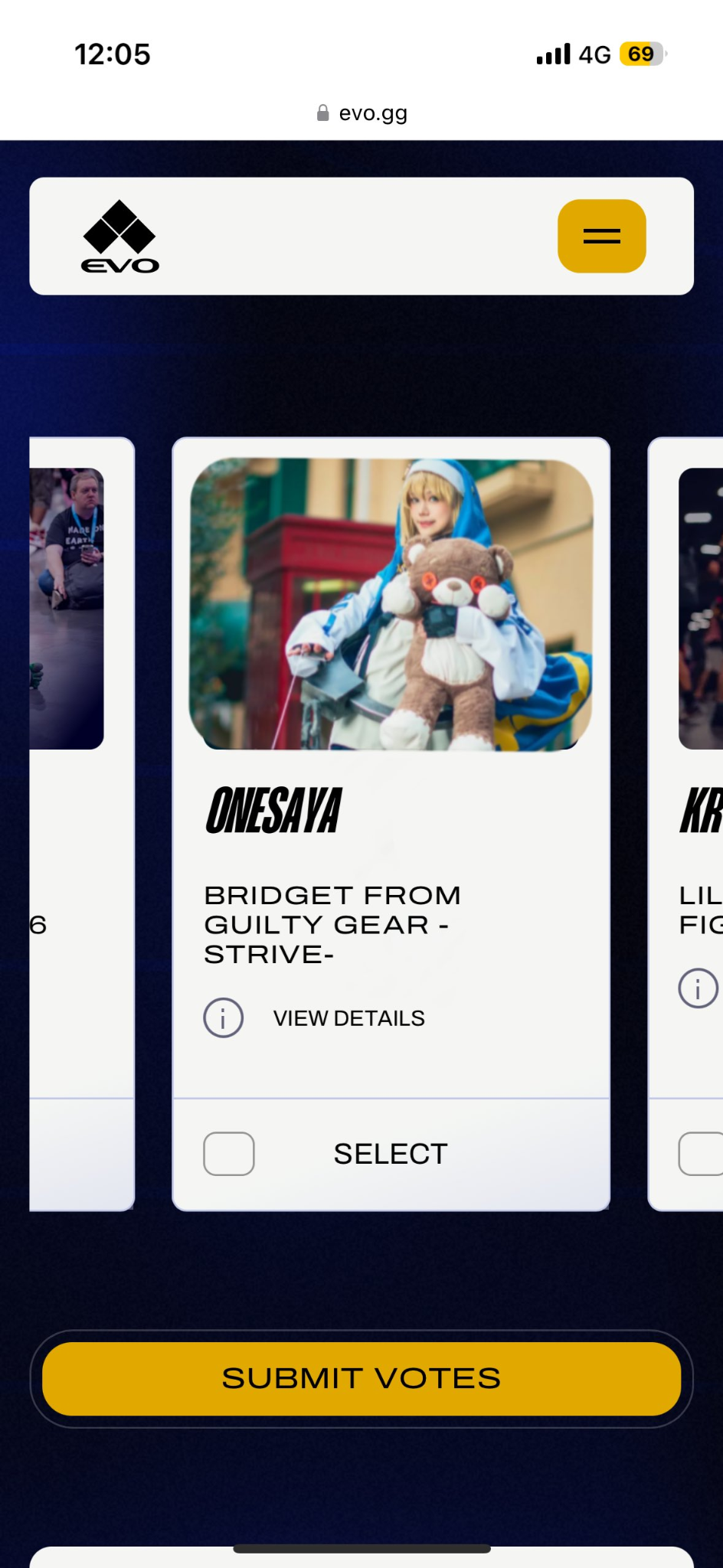 ONESAYA nomination card from the Evo Awards voting page